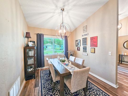 Dining room, Interior, Pendant Lights, Wood Texture Flooring