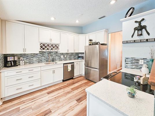 Interior, Kitchen, Recessed Lighting, Stainless Steel Appliances, Wood Texture Flooring