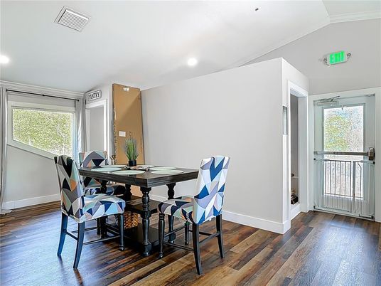 Dining room, Interior, Recessed Lighting, Wood Texture Flooring