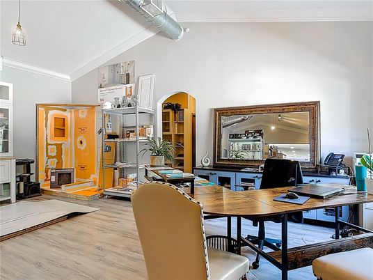 Home Office, Interior, Pendant Lights, Wood Texture Flooring