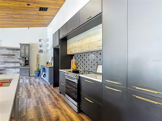 Interior, Kitchen, Pendant Lights, Wooden Ceilings, Wood Texture Flooring
