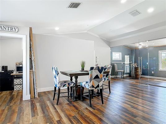 Dining room, Interior, Recessed Lighting, Wood Texture Flooring