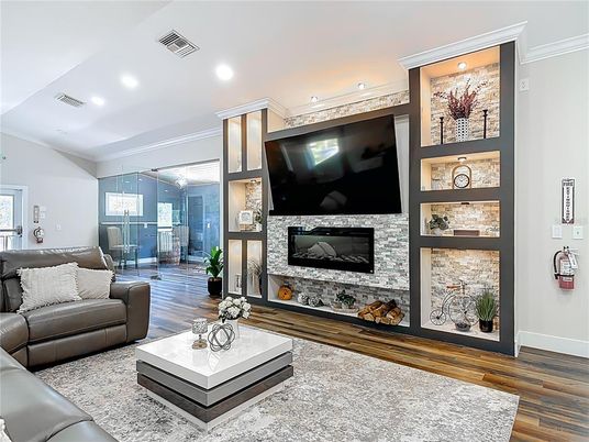 Fireplace, Interior, Living room, Recessed Lighting, Wood Texture Flooring