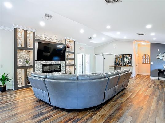 Fireplace, Interior, Living room, Recessed Lighting, Wood Texture Flooring