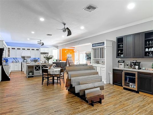 Dining room, Interior, Kitchen, Recessed Lighting, Wood Texture Flooring