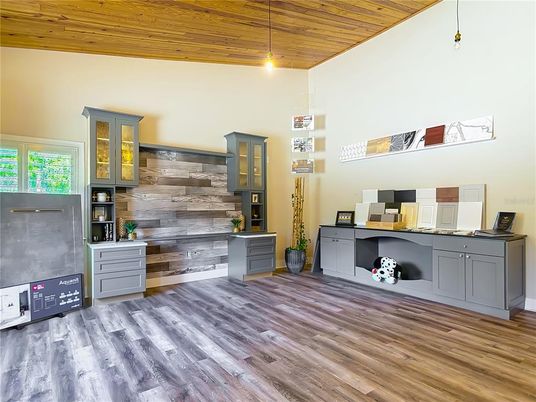 Home Office, Interior, Pendant Lights, Wooden Ceilings, Wood Texture Flooring, Wooden Walls