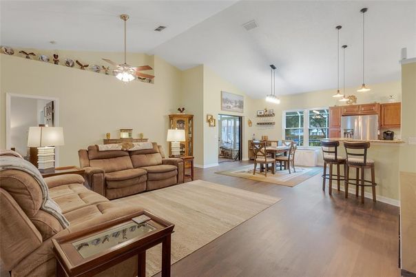Dining room, Interior, Kitchen, Living room, Pendant Lights, Stainless Steel Appliances, Wood Texture Flooring