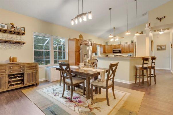 Dining room, Interior, Kitchen, Pendant Lights, Wood Texture Flooring