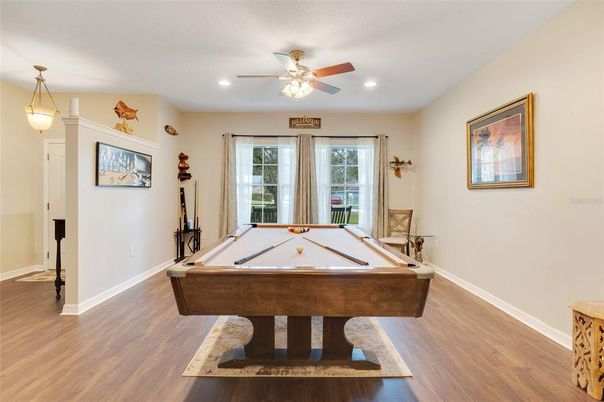 Billiard Table, Game Room, Interior, Pendant Lights, Recessed Lighting, Wood Texture Flooring
