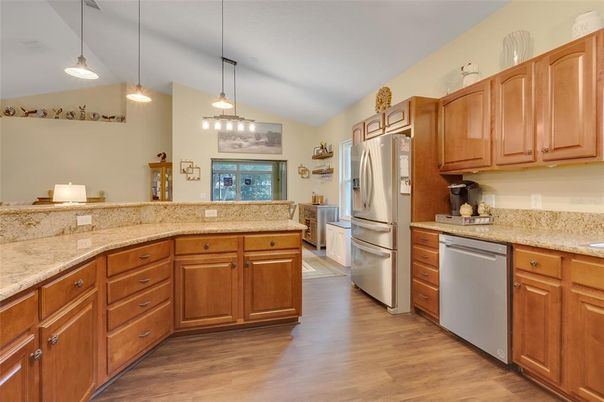 Interior, Kitchen, Pendant Lights, Stainless Steel Appliances, Wood Texture Flooring