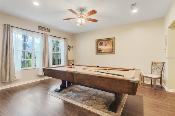 Billiard Table, Game Room, Interior, Recessed Lighting, Wood Texture Flooring