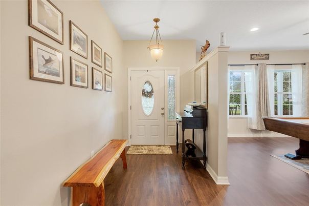 Billiard Table, Game Room, Interior, Pendant Lights, Recessed Lighting, Wood Texture Flooring