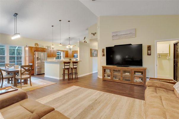 Dining room, Interior, Kitchen, Living room, Pendant Lights, Stainless Steel Appliances, Wood Texture Flooring