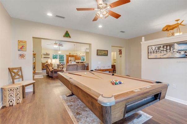 Billiard Table, Game Room, Interior, Pendant Lights, Recessed Lighting, Wood Texture Flooring