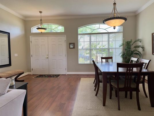 Dining room, Interior, Pendant Lights, Wood Texture Flooring
