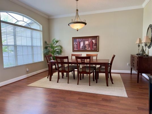 Dining room, Interior, Pendant Lights, Wood Texture Flooring