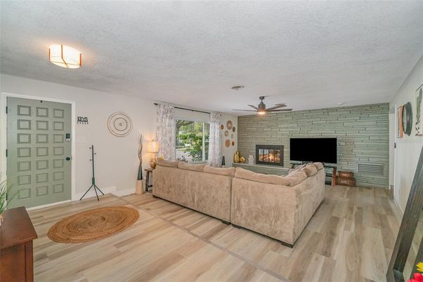 Fireplace, Interior, Living room, Stone Walls, Wood Texture Flooring