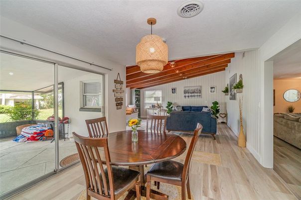 Dining room, Interior, Living room, Pendant Lights, Wood Texture Flooring