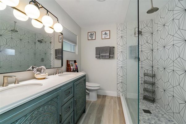 Bathroom, Dual Sink Vanities, Glass Shower, Interior, Wood Texture Flooring