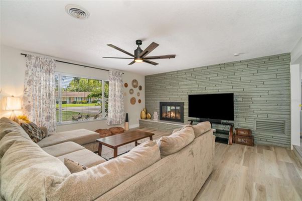 Fireplace, Interior, Living room, Stone Walls, Wood Texture Flooring