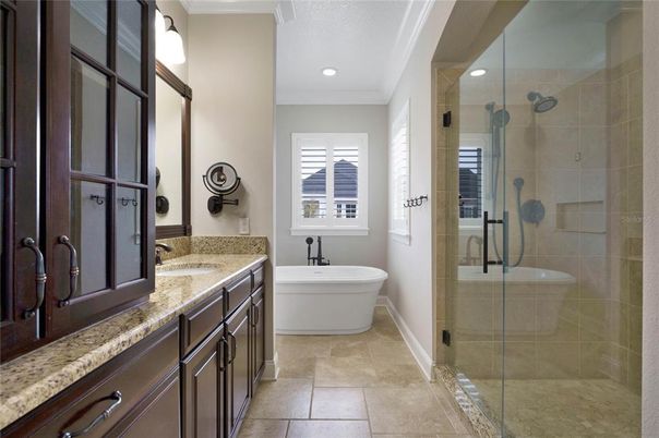 Bathroom, Dual Sink Vanities, Free Standing Baths, Glass Shower, Interior, Recessed Lighting