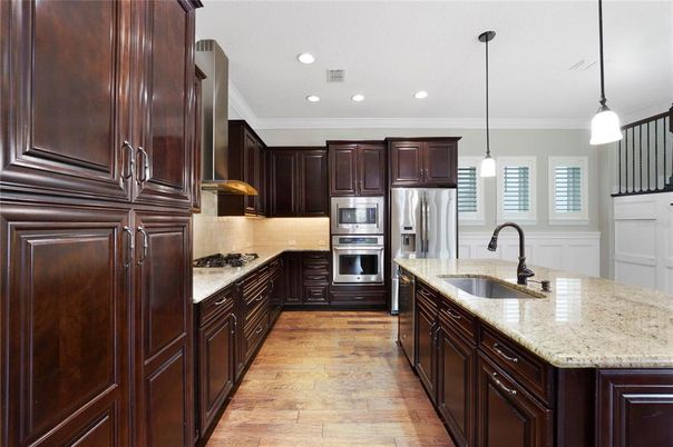 Interior, Kitchen, Pendant Lights, Recessed Lighting, Stainless Steel Appliances, Wood Texture Flooring