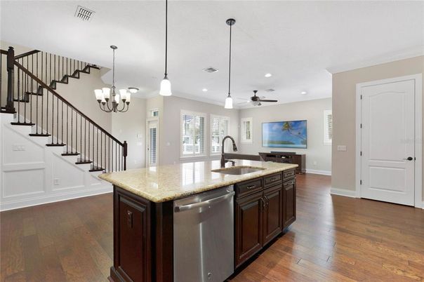Chandelier, Interior, Kitchen, Pendant Lights, Recessed Lighting, Wood Texture Flooring