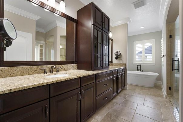 Bathroom, Dual Sink Vanities, Free Standing Baths, Interior, Recessed Lighting