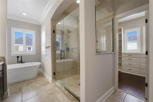 Bathroom, Free Standing Baths, Glass Shower, Interior, Recessed Lighting