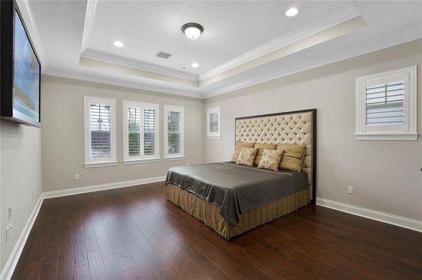 Bedroom, Interior, Recessed Lighting, Wood Texture Flooring