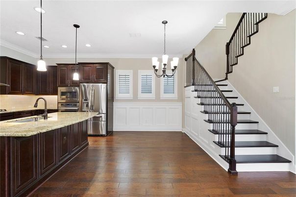 Interior, Kitchen, Pendant Lights, Recessed Lighting, Stainless Steel Appliances, Wood Texture Flooring