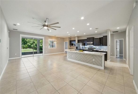 Empty room, Interior, Kitchen, Recessed Lighting, Stainless Steel Appliances
