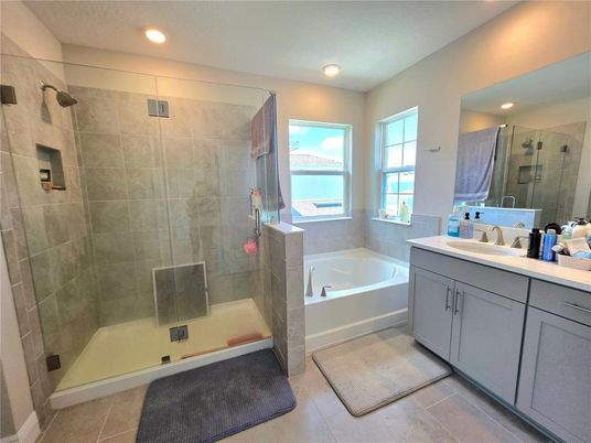 Bathroom, Dual Sink Vanities, Glass Shower, Interior, Recessed Lighting