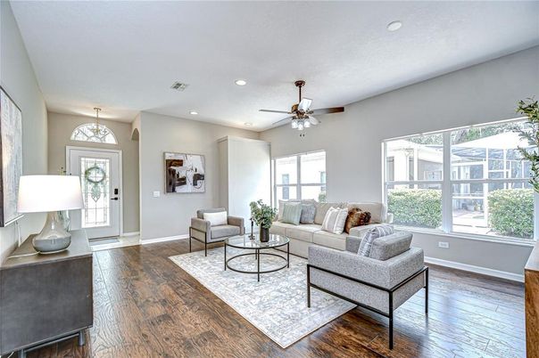 Interior, Living room, Recessed Lighting, Wood Texture Flooring