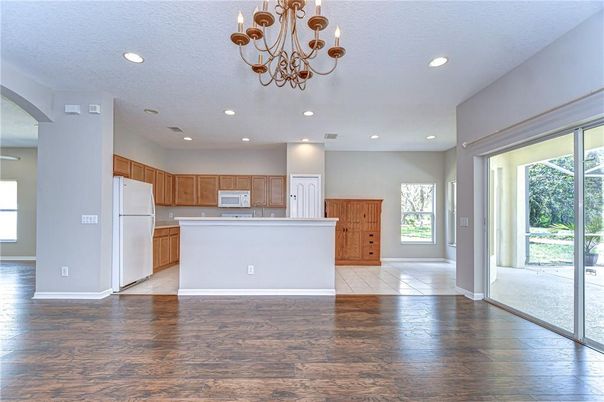 Chandelier, Interior, Kitchen, Recessed Lighting, Wood Texture Flooring