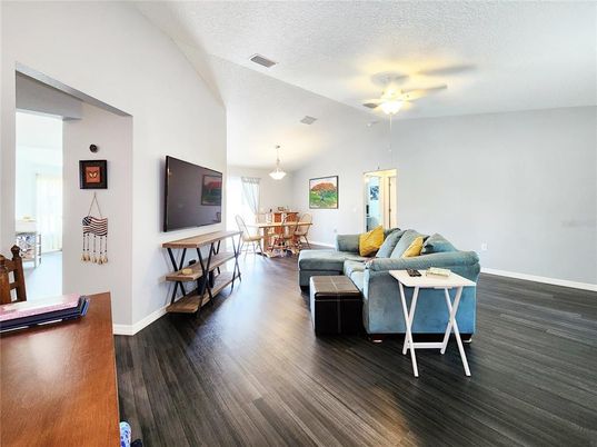 Dining room, Interior, Living room, Pendant Lights, Wood Texture Flooring