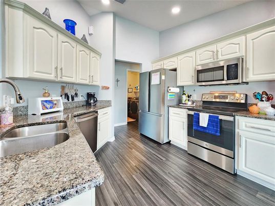 Interior, Kitchen, Recessed Lighting, Stainless Steel Appliances, Wood Texture Flooring