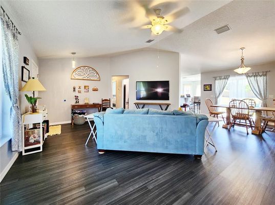 Dining room, Interior, Living room, Pendant Lights, Wood Texture Flooring