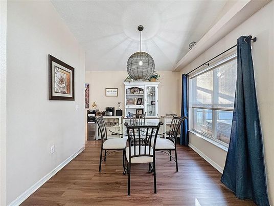 Dining room, Interior, Pendant Lights, Wood Texture Flooring