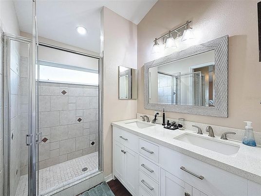 Bathroom, Dual Sink Vanities, Glass Shower, Interior, Recessed Lighting