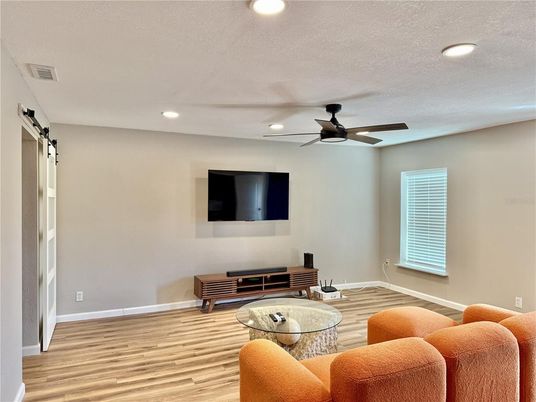 Interior, Living room, Recessed Lighting, Wood Texture Flooring