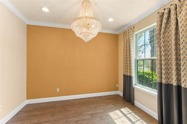 Chandelier, Empty room, Interior, Recessed Lighting, Wood Texture Flooring