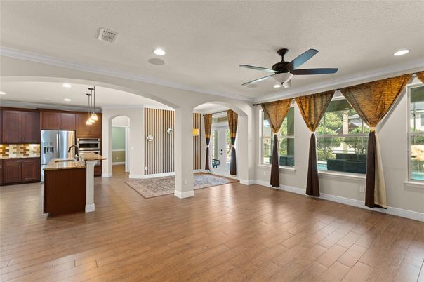 Interior, Kitchen, Pendant Lights, Recessed Lighting, Stainless Steel Appliances, Wood Texture Flooring
