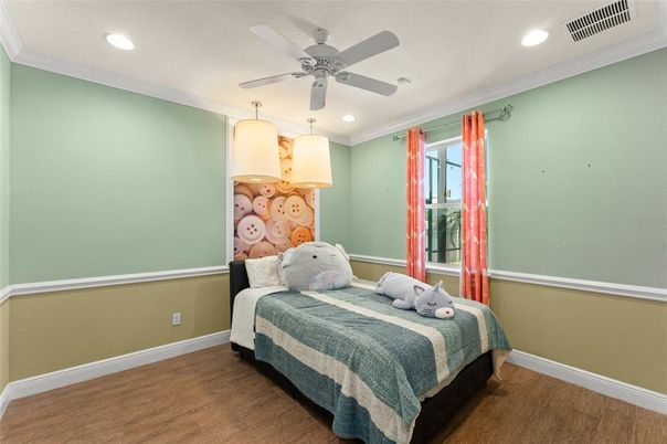 Bedroom, Interior, Recessed Lighting, Wood Texture Flooring