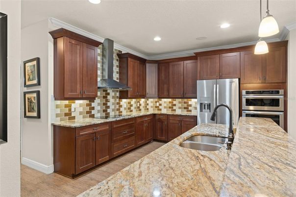Interior, Kitchen, Pendant Lights, Recessed Lighting, Stainless Steel Appliances, Wood Texture Flooring