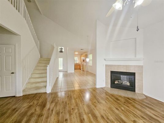 Empty room, Fireplace, Interior, Pendant Lights, Wood Texture Flooring