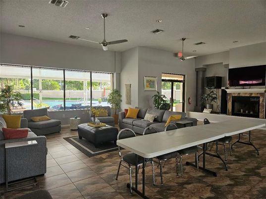 Dining room, Fireplace, Interior, Living room, Recessed Lighting, Water