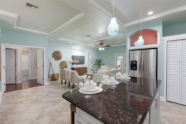 Dining room, Interior, Kitchen, Living room, Pendant Lights, Recessed Lighting, Stainless Steel Appliances, Wood Texture Flooring