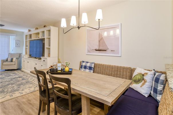 Dining room, Interior, Pendant Lights, Wood Texture Flooring