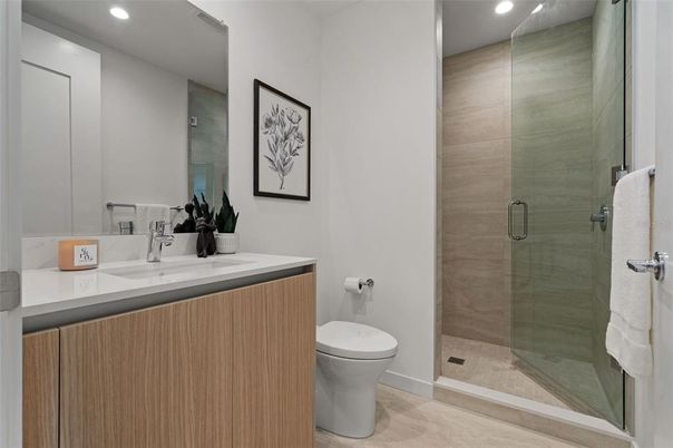 Bathroom, Glass Shower, Interior, Recessed Lighting, Wood Texture Flooring